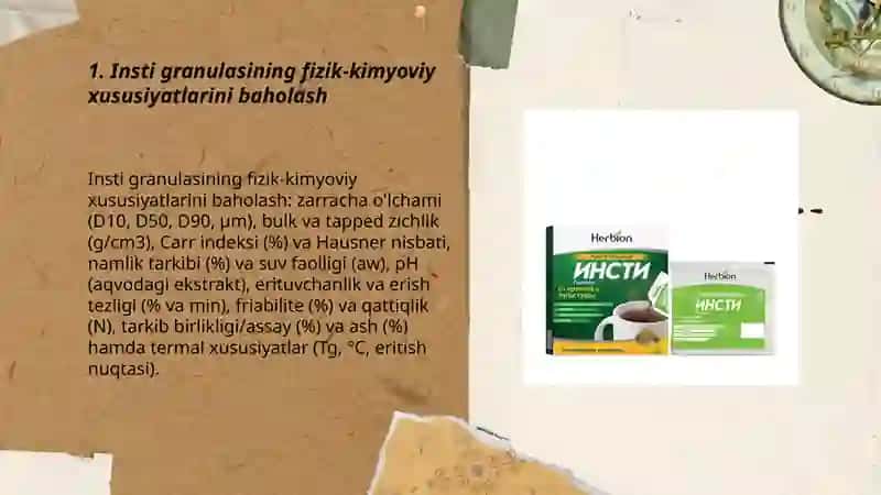 Insti granulasini sifatini baholash, qadoqlash va o'rash 3