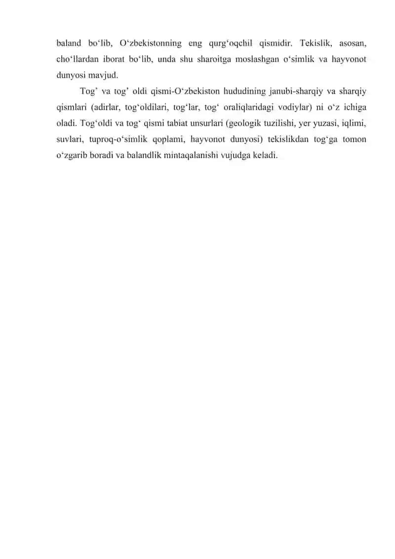 Toshkent-Mirzacho’l tabiiy geografik okrugiga umumiy tabiiy geografik tavsif.Kurs ishi 3