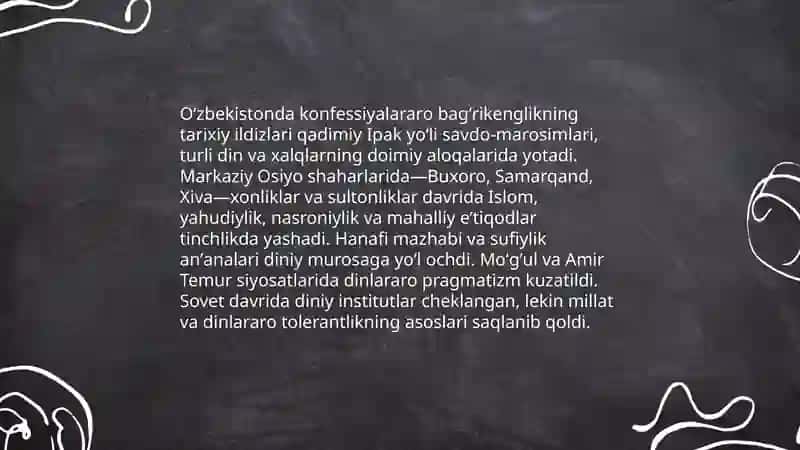 Ozbekiston kanfessiyalararo diniy bag'rikenglikning tarixiy tajribasi mavzusida test tayyorlash 3