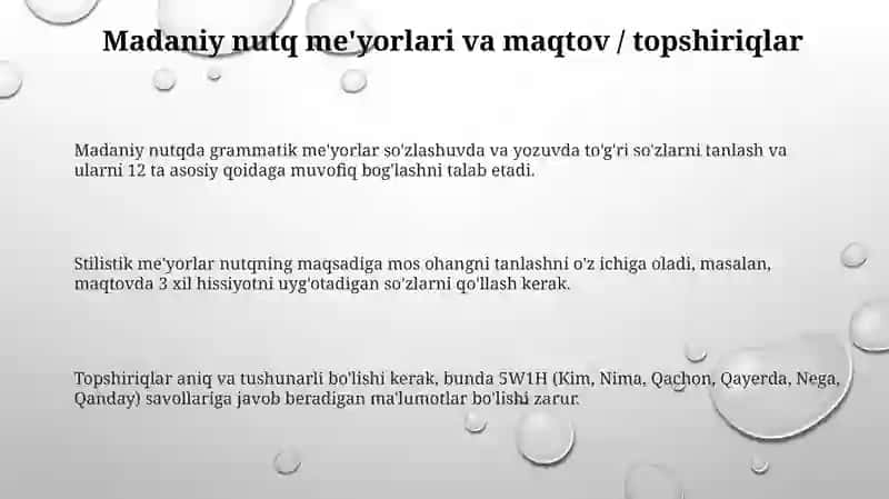 Madaniy nutqning grammatik va uslubiy me'yorlari bo'yicha madhq va topshiriqlar tayyorlash 3