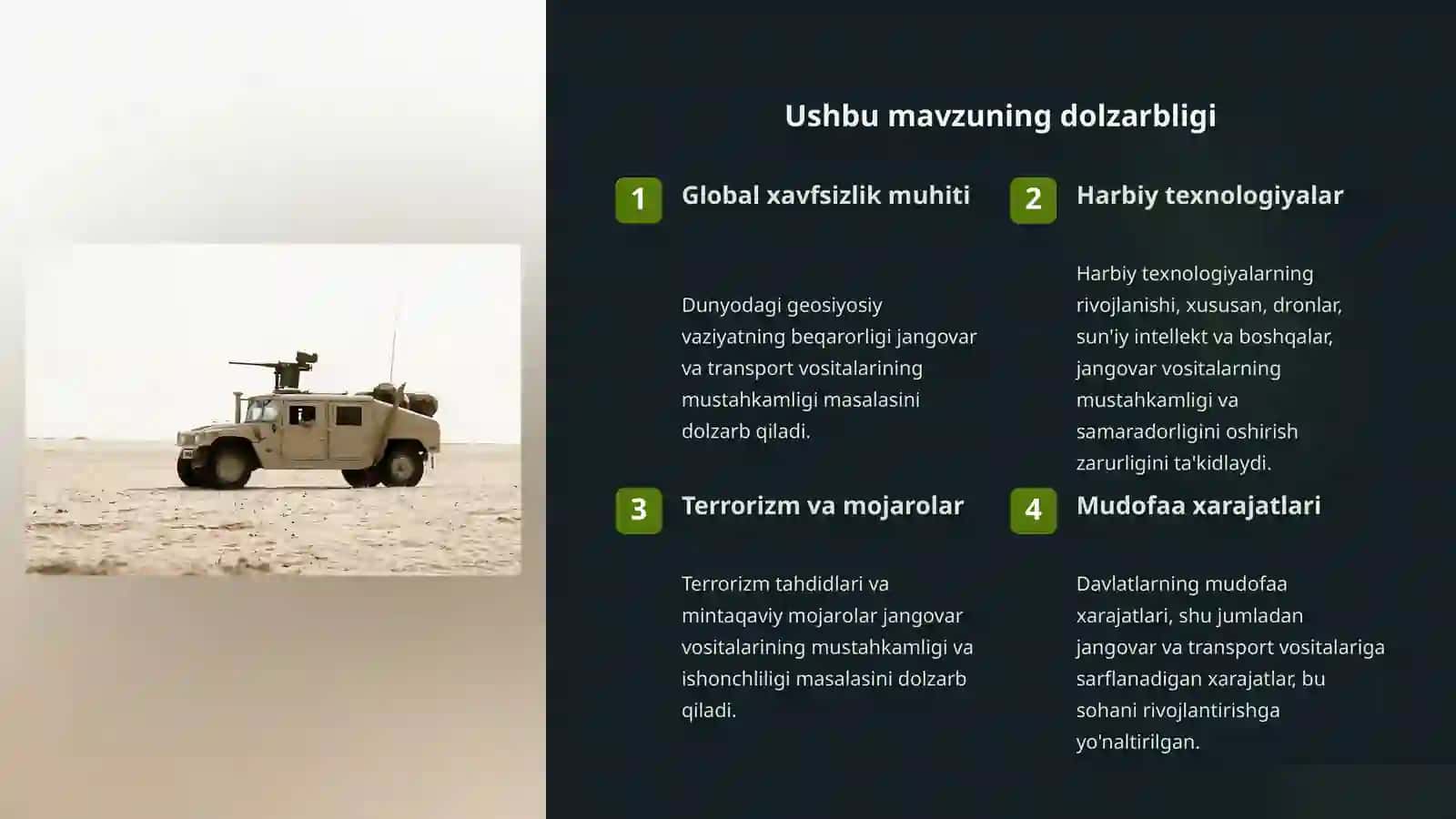Jangovar va transport vositalarini mustahkamlash 3