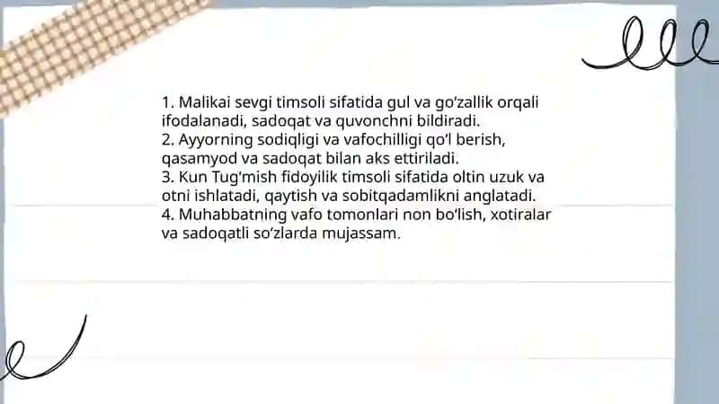 Malikai ayyor kun tugʻmish dostonida sevgi va vafo nisbatida 3