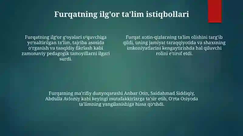 Xix Asrning Ikkinchi Yarmi Va Xx Asr Boshlarida Ta’Lim Va Pedagogik Fikrlar (Anbar Otin, Furqat, Saidahmad Siddiqiy, Abdulla Avloniylaring) Ta’Lim-Tarbiya Taraqqiyotida Tutgan O‘Rni 3