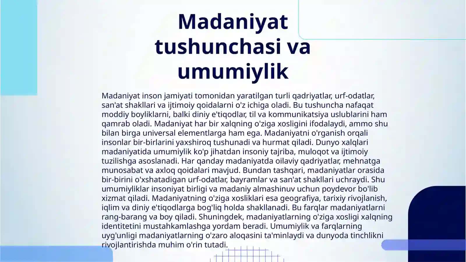 DUNYO XALQLARI MADANIYATIDAGI UMUMIYLIK VA FARQLARI MAVZUSIDA VIDEOROLIK TAYYORLASH 3