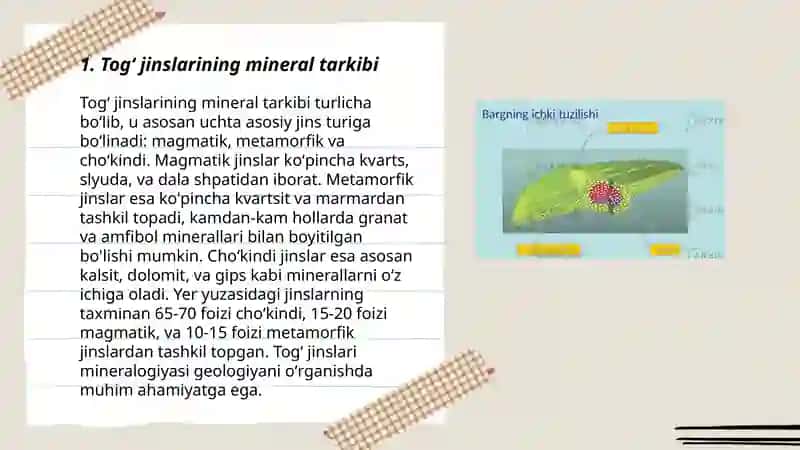 Togʻ jinslari tarkibidagi minerallar ularning geologik tuzilishi kelib chiqish sharoitlari va qoʻllanishi 3