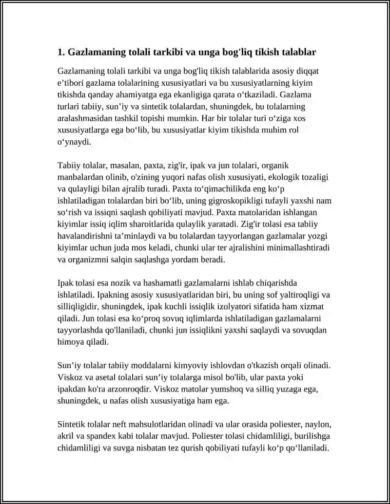 TURLI ASSORTIMENTDAGI GAZLAMALARDAN KIYIM TIKISH TAYORLASHNING O'ZIGA XOS XUSUSIYATLARI 3