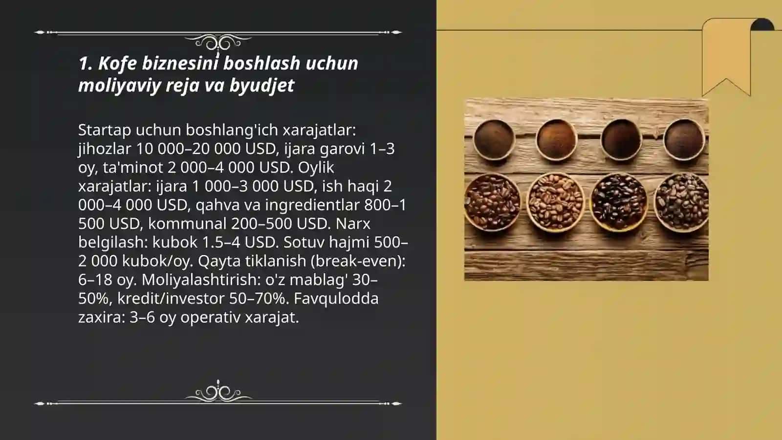 Kofe biznesini boshlash uchun moliyaviy reja va byudjet 3