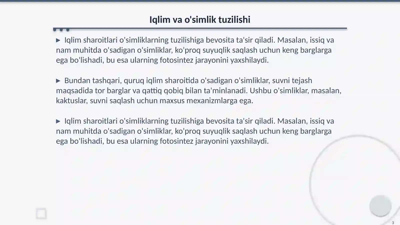 Turli muhit sharoitida o'sgan o'simliklarning tuzilishini taqqoslash 3