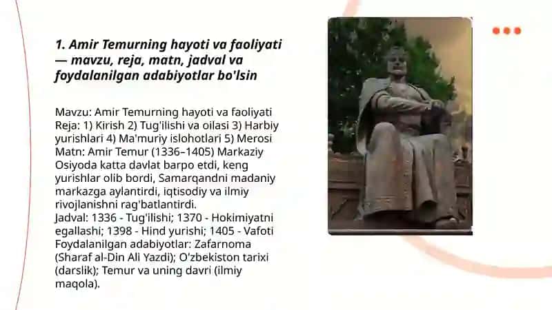 Amir Temur buyuk davlat arbobi mavzusida slayd yarat 3