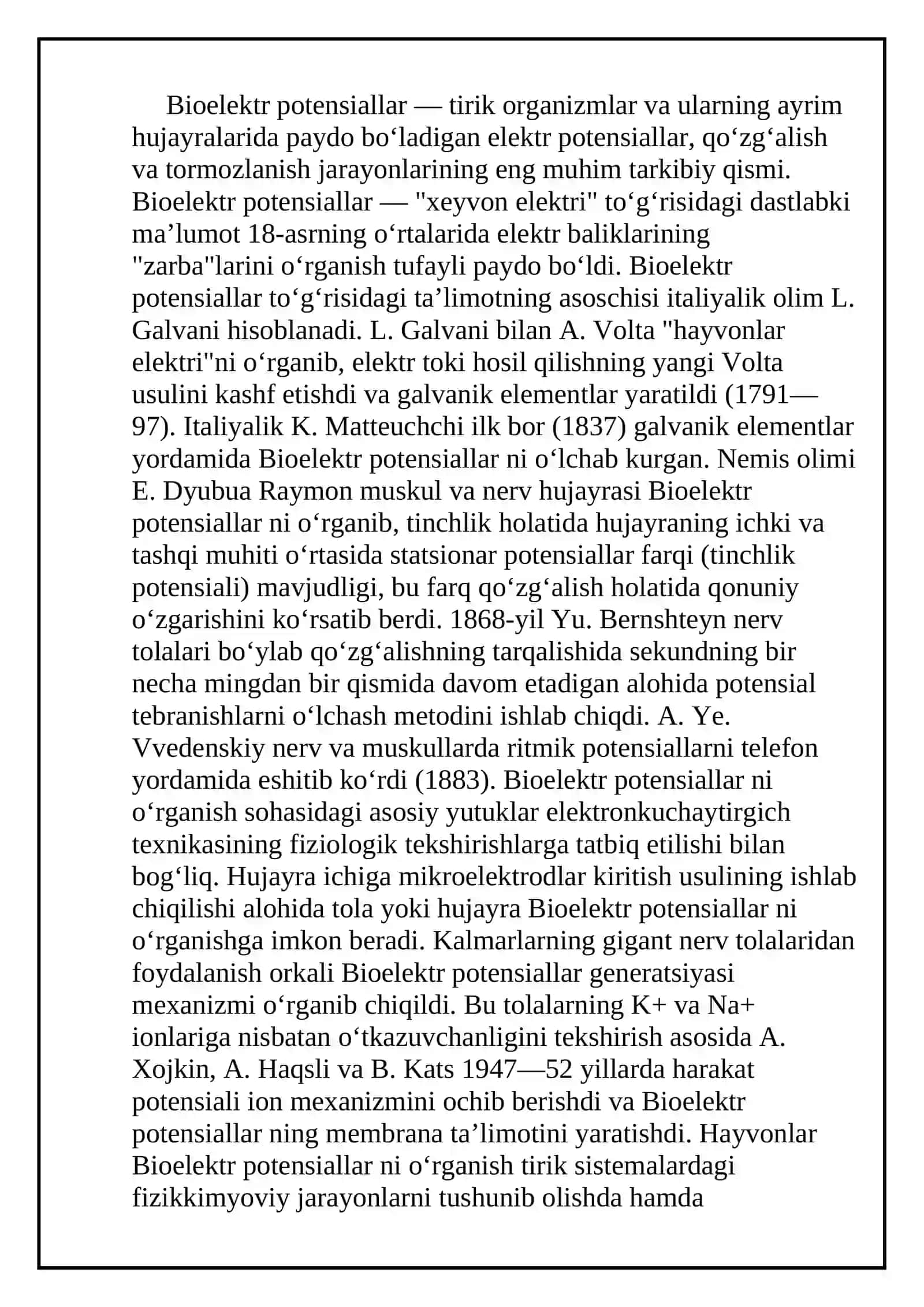 Biolelektirik potensiallar, ularning turlari. Tinchlik potensiali. Biopotensiallarni qayd qilishning fizik usullari 3