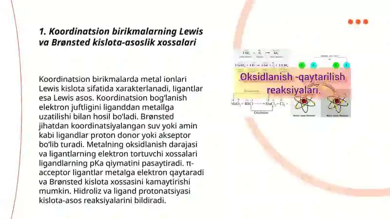Koordinatsion birikmalarni kislota-asoslik xossalari va ularning oksidlanish-qaytarilish reaksiyalari 3