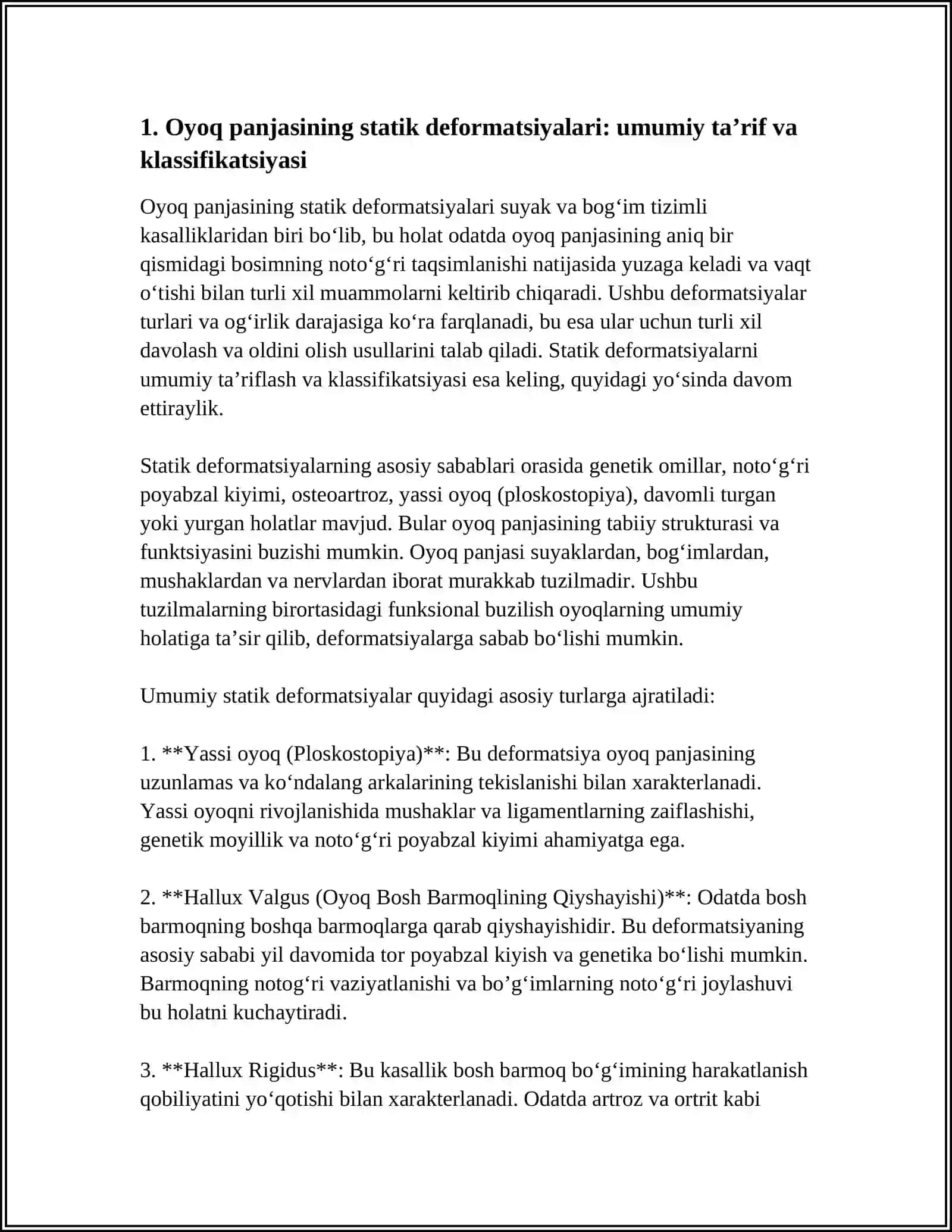 SUYAK VA BOGIM TIZIMLI KASALLIKLARI. OYOQ PANJASINING STATIK DEFORMATSIYASI 3