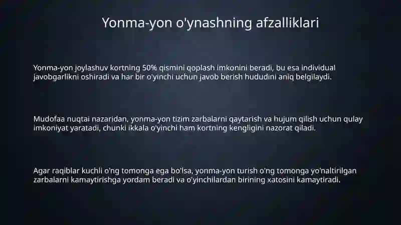 Juftlik o'yinda yonma yon o'ynash taktikasi 3