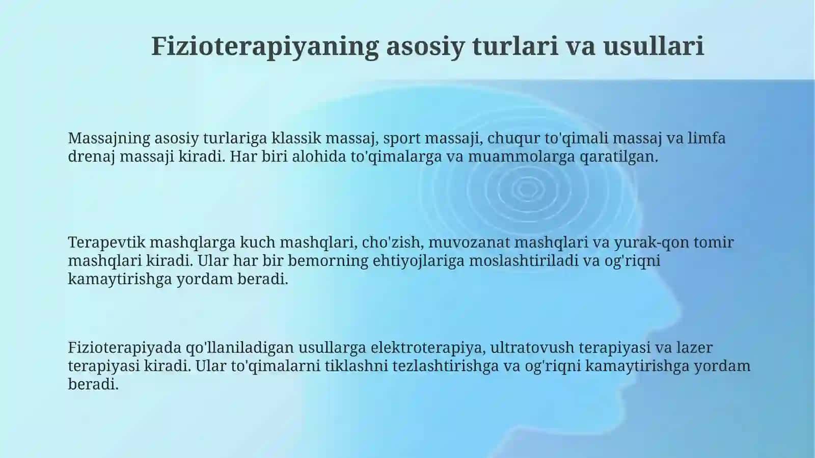 Fizioterapevtik muolajalar, davo fiz kulturasi. Kasallikdan so'ng reabilitatsiya 3
