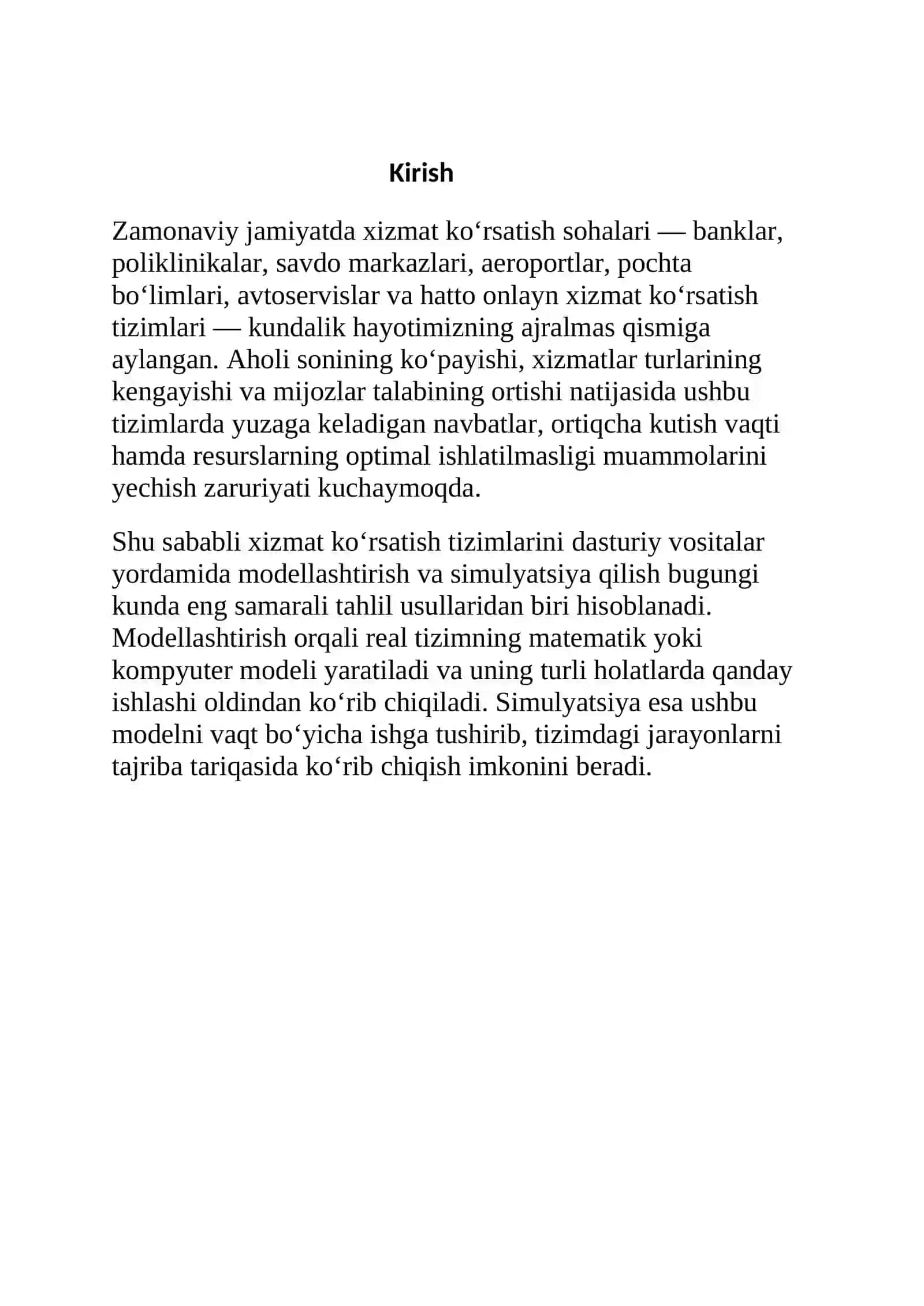 Xizmat ko‘rsatish tizimlarini dasturiy vositalar yordamida modellashtirish va simulyatsiya qilish 3