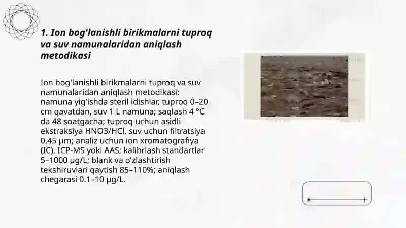 Ion bog'lanishli birikmalarni tuproq va suv namunalaridan aniqlash metodikasi 3