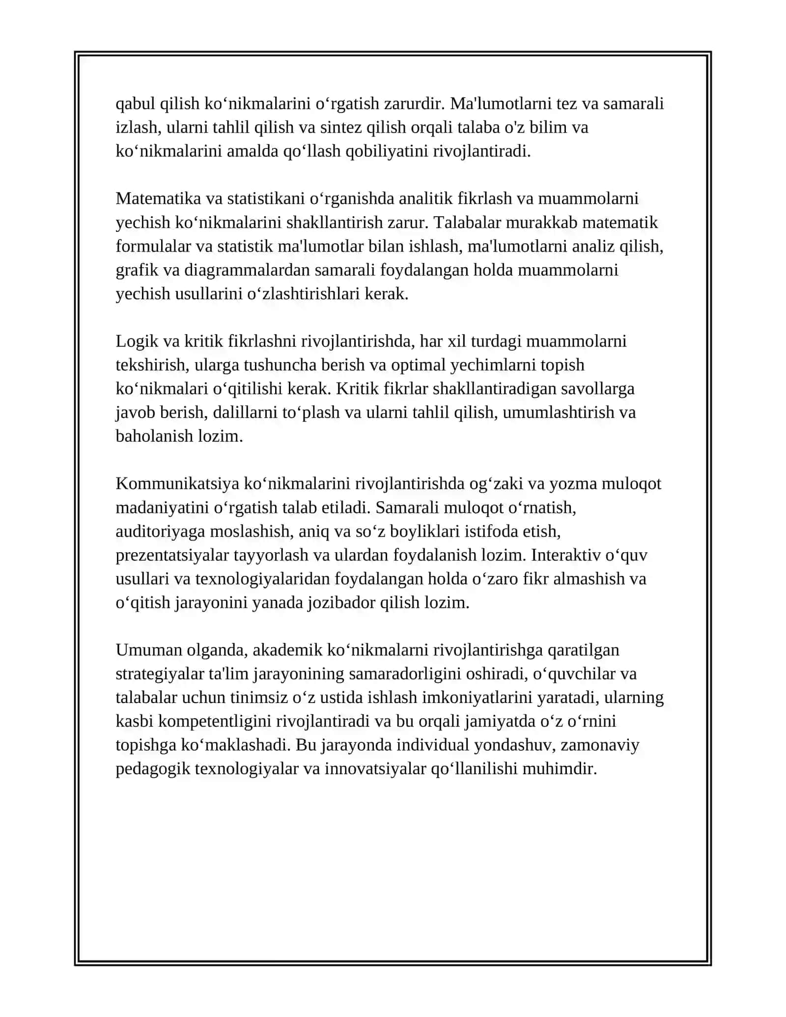 AKADEMIK KOʻNIKMALAR VA KASBIY KOMPETENTLIK: TAʼLIM OLISH JARAYONINI SAMARALI TASHKIL ETISH 3