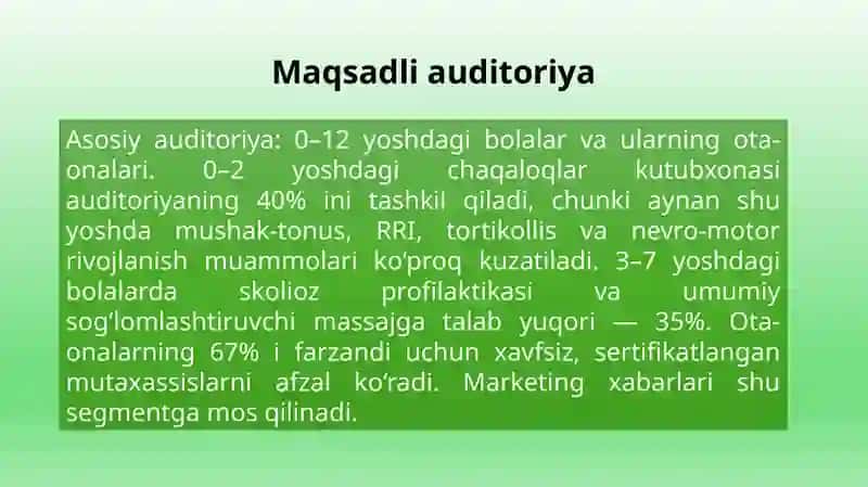 BOLALAR MASSAJI KLINIKASINI TASHKIL ETISH Marketing fani bo‘yicha loyiha ishi 3