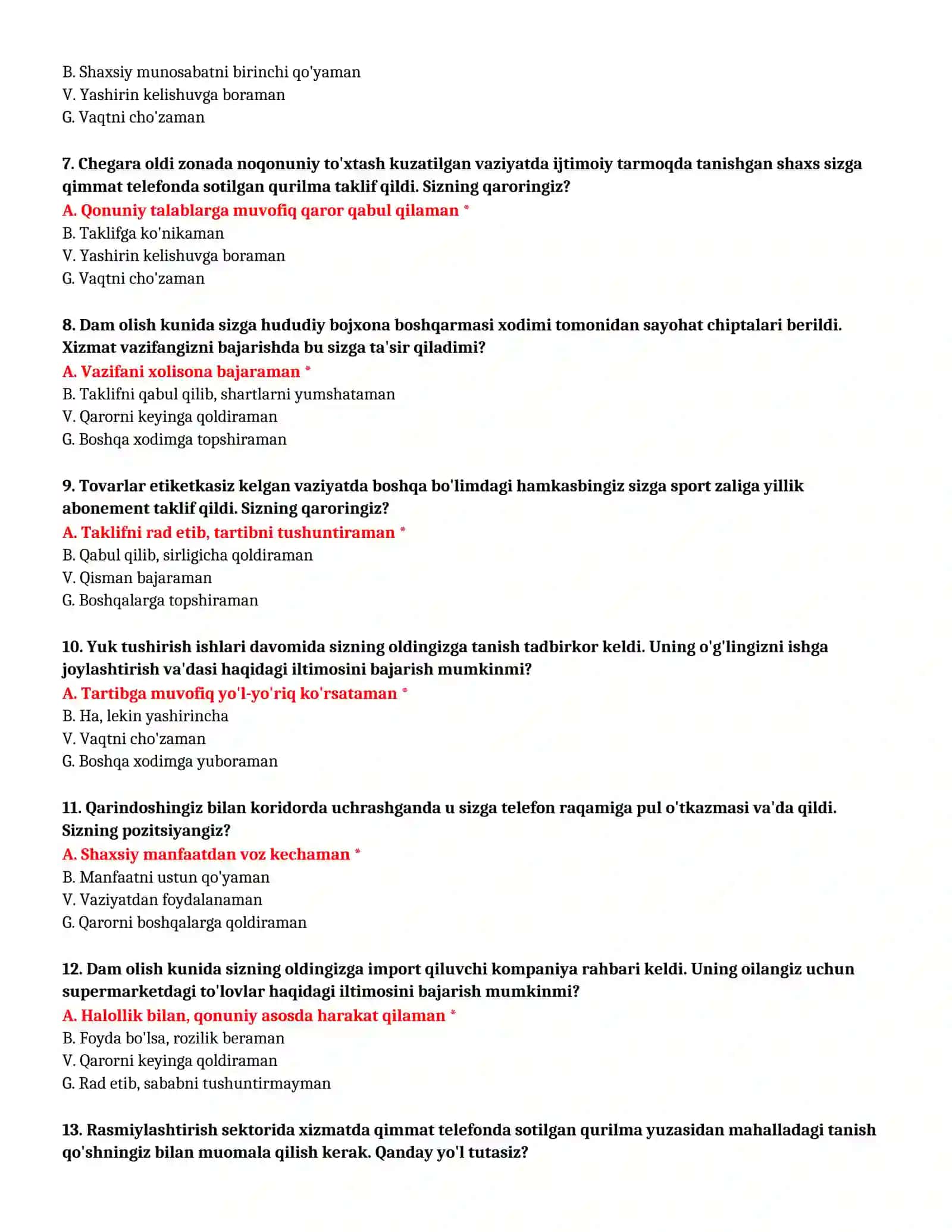 BOJXONA AKADEMIYASI - KASBIY TANLOV TEST SAVOLLARI (№ 4) 3