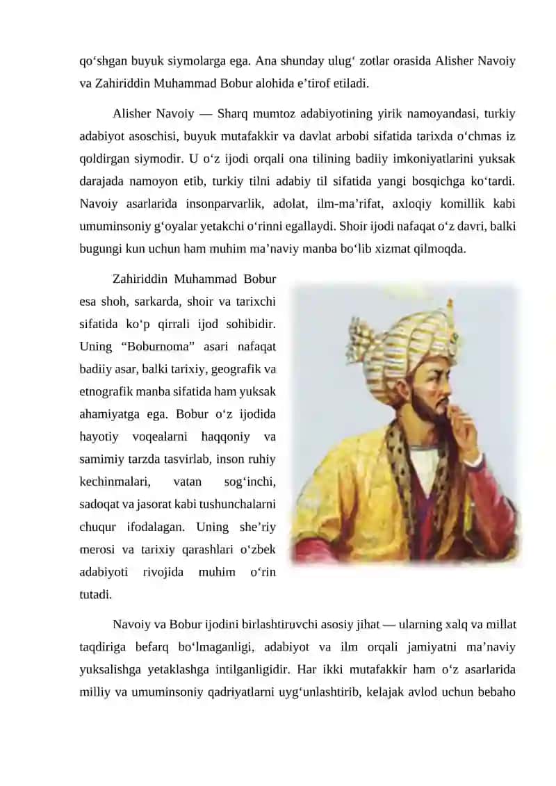Ushbu maqolada O'zbek mumtoz adabiyotining ikki buyuk namoyandasi - Alisher Navoiy va Zahiriddin Muhammad Boburning hayoti 3