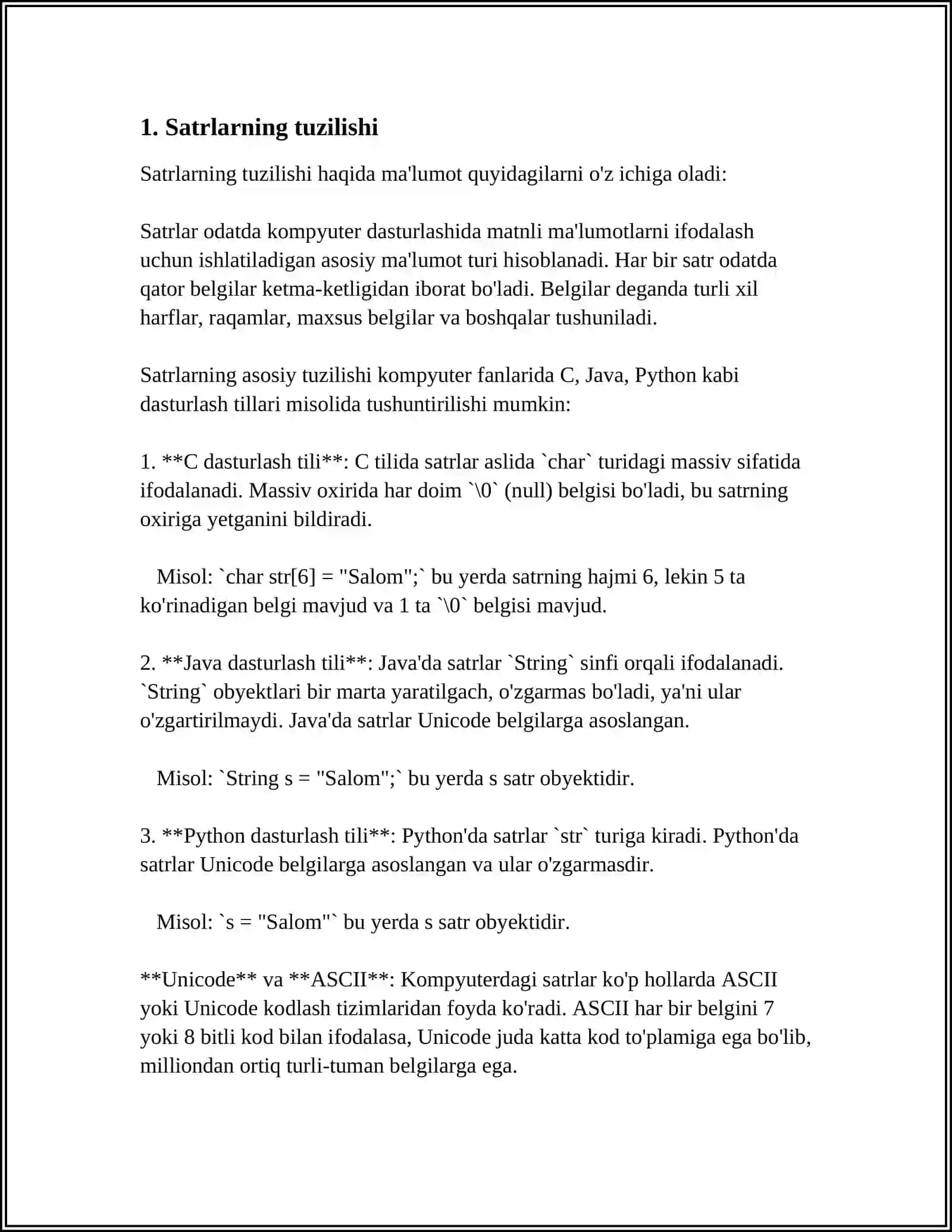 Mavzu: SATRLAR BILAN ISHLASH 3