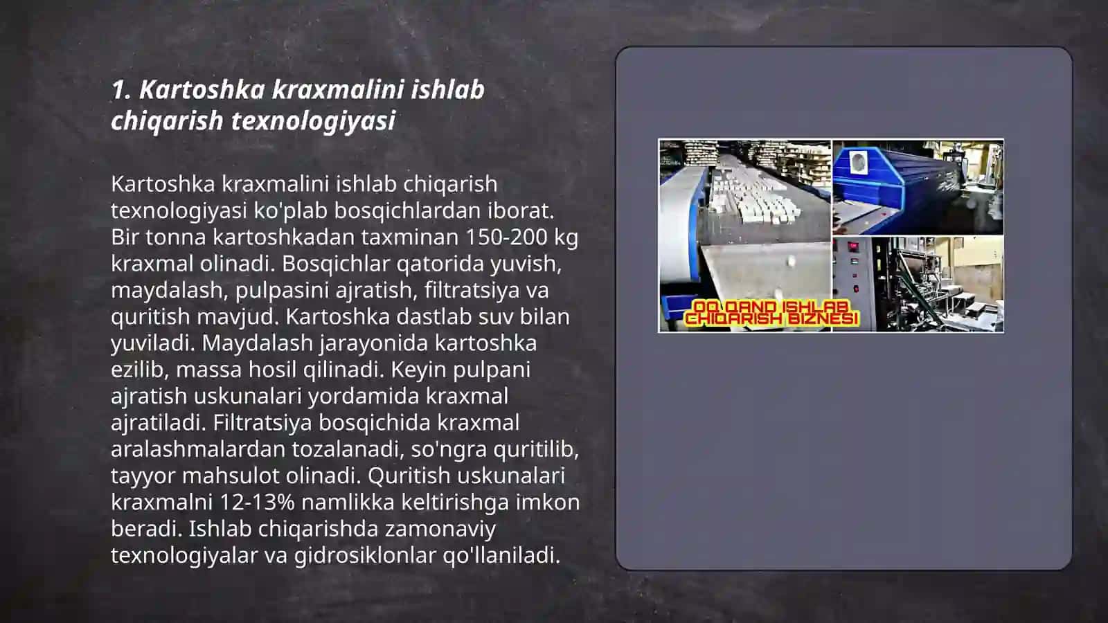 Kartoshkadan kraxmal, spirt, oziqa maxsulotlarini ishlab chiqarish texnologiyalari 3