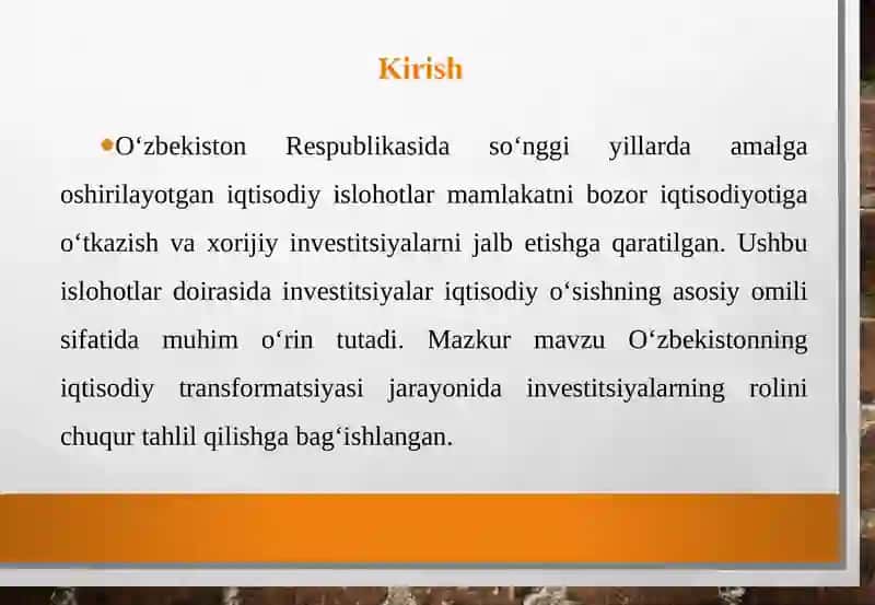 Iqtisodiyislohotlar. Investitsiyaning bozoriqtisodiyotidagi ahamiyati 3