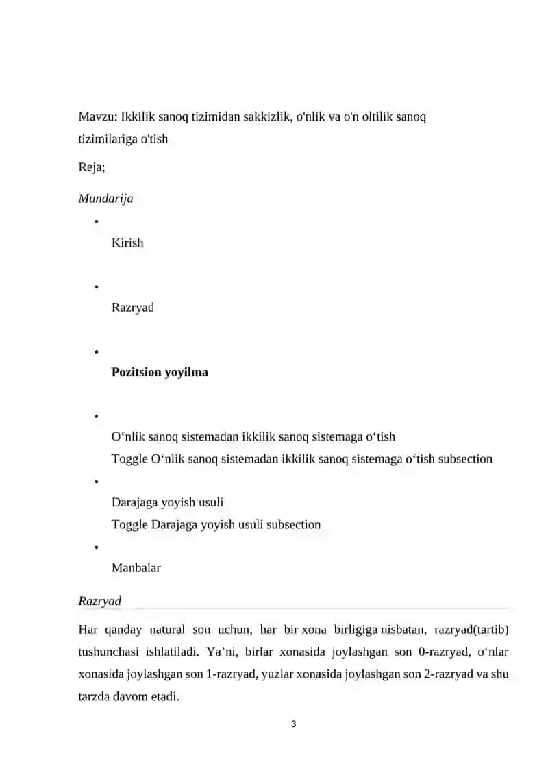 Ikkilik sanoq tizimidan sakkizlik, o'nlik va o'n oltilik sanoq tizimilariga o'tish 3