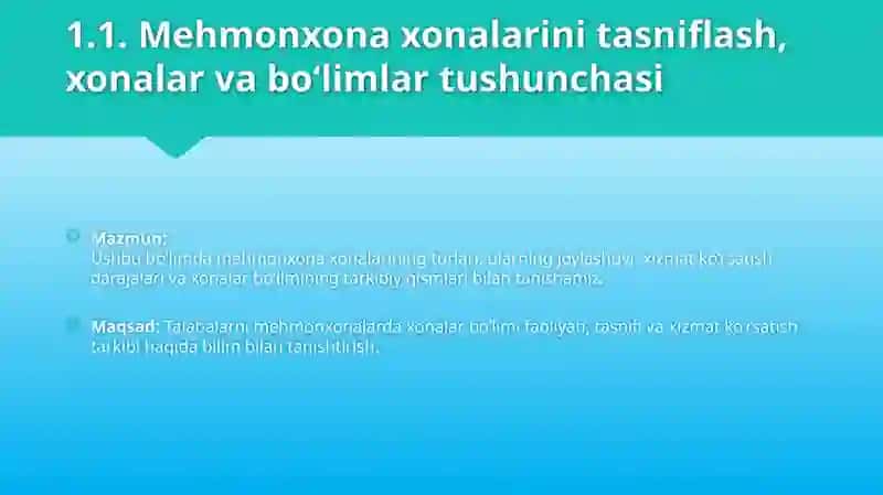 Mehmonxona faoliyatida xonalar bo‘limi va uning tuzilishi 3