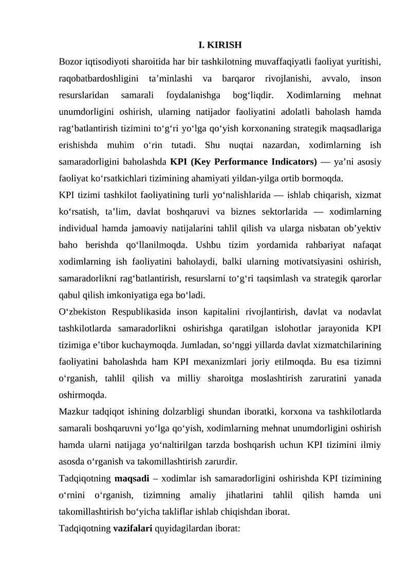 HODIMLARNI ISH SAMARADORLIGINI OSHIRISHDA KPI TIZIMINING O'RGANISH HAQIDA TADQIQOT O'TKAZISH 3