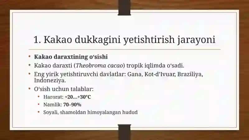 Kakao dukagini yetishtirish uning tuzilishi o’lchami tuzilish kimyoviy tarkibi 3