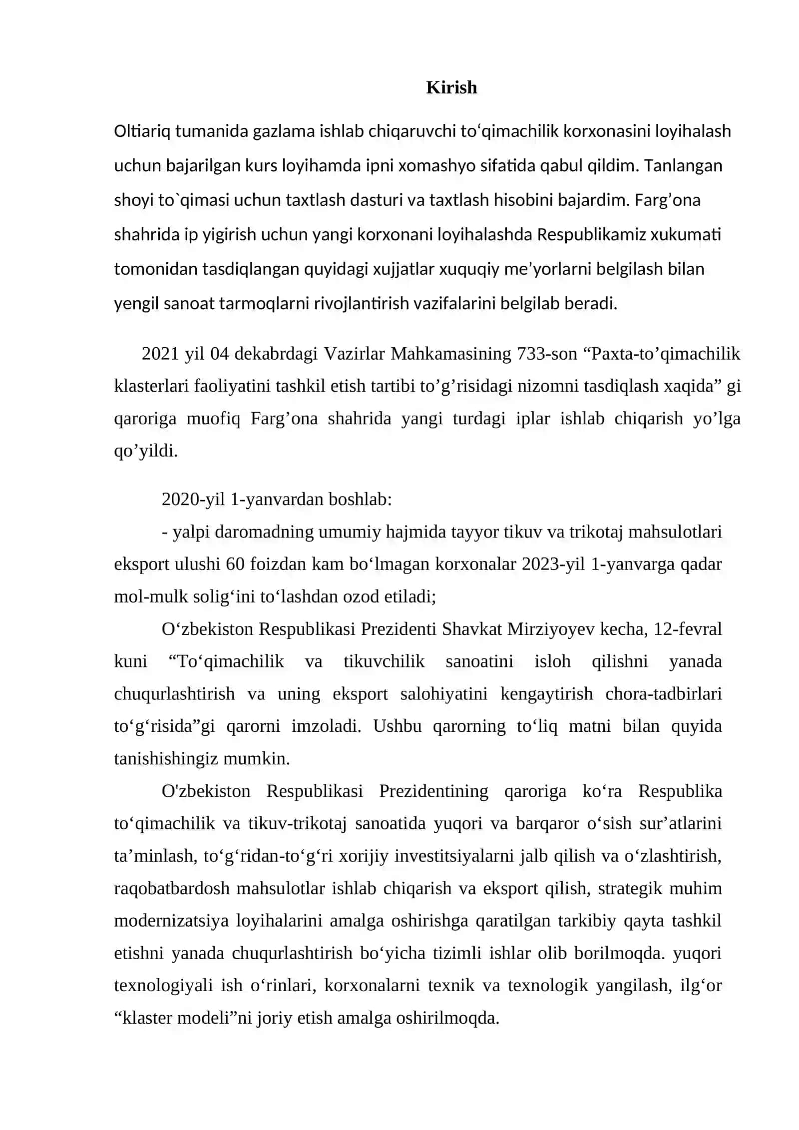 Farg'ona viliyati Oltiariq tumanida ’’ Satin” o’rilishi gazlamalar ishlab chiqarish korxonasining loyihasi 3