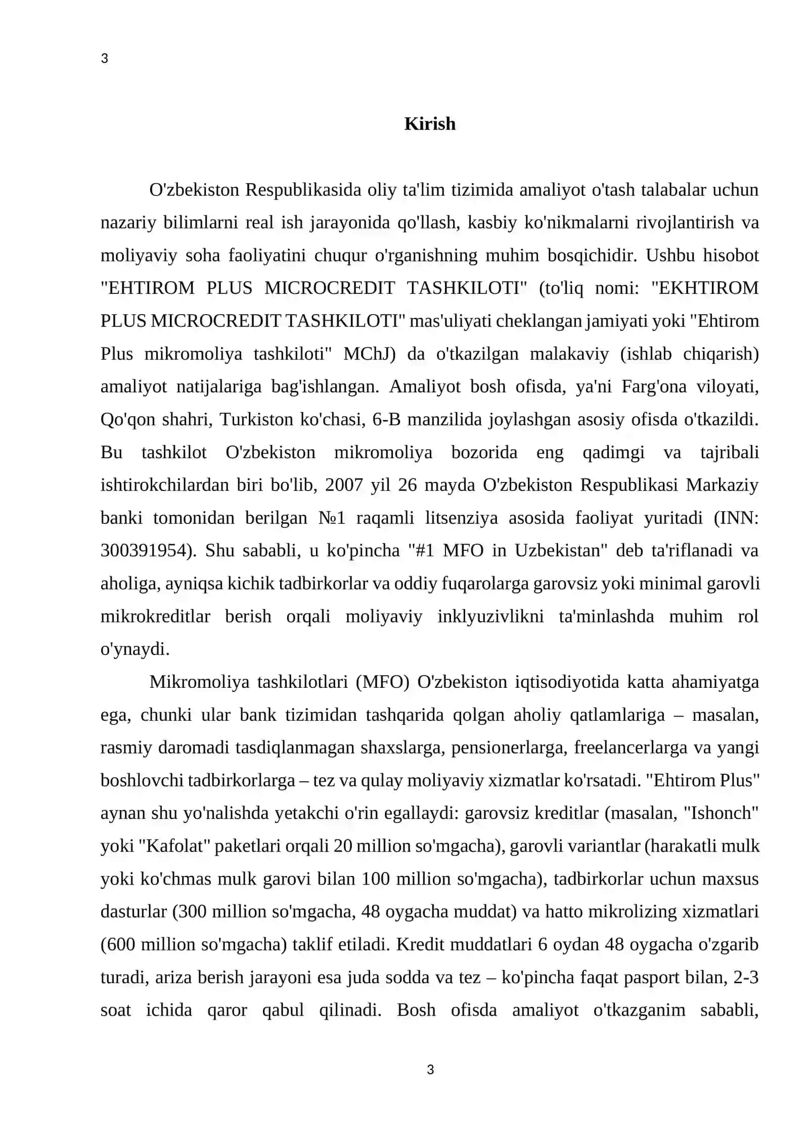 AMALIYOT HISOBOTI. "EKHTIROM PLUS MICROCREDIT TASHKILOTI" 3