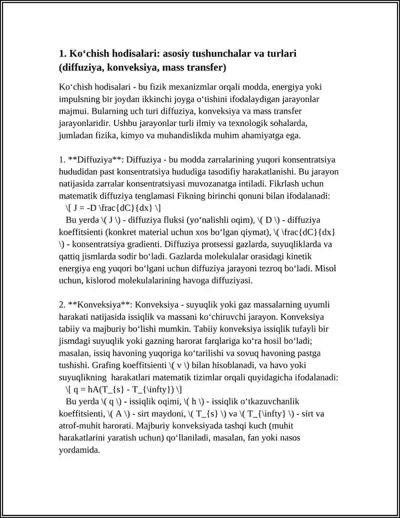 KO‘CHISH HODISALARI. DIFFUZIYA ISSIQLIK O‘TKAZUVCHANLIK VA QOVUSHQOQLIK 3