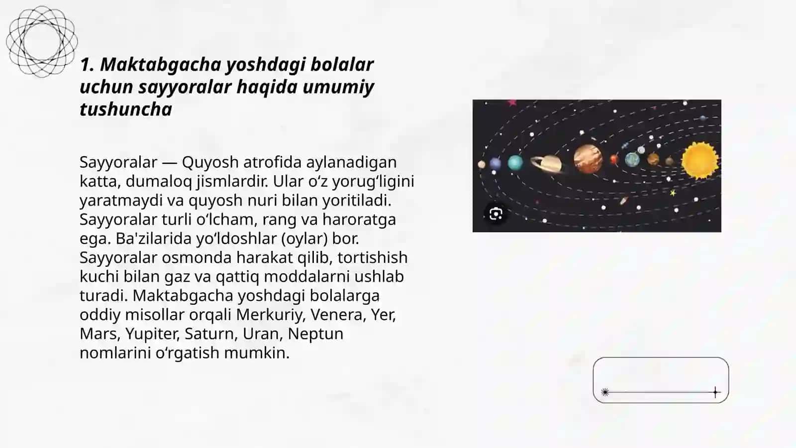 Maktabgacha yoshdagi bolalarni samoviy planetalar haqidagi tushunchalarini shakllantirish 3