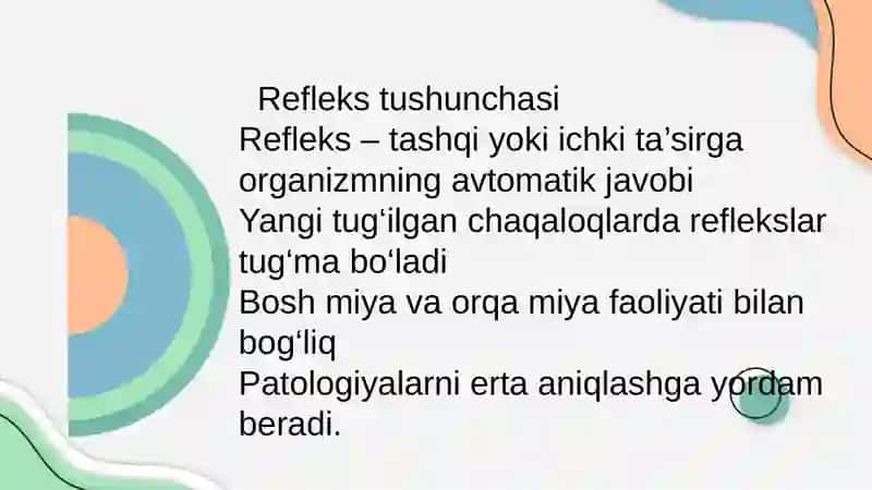 Yangi tuĝilgan chaqaloqlarda reflekslarni aniqlash. 3
