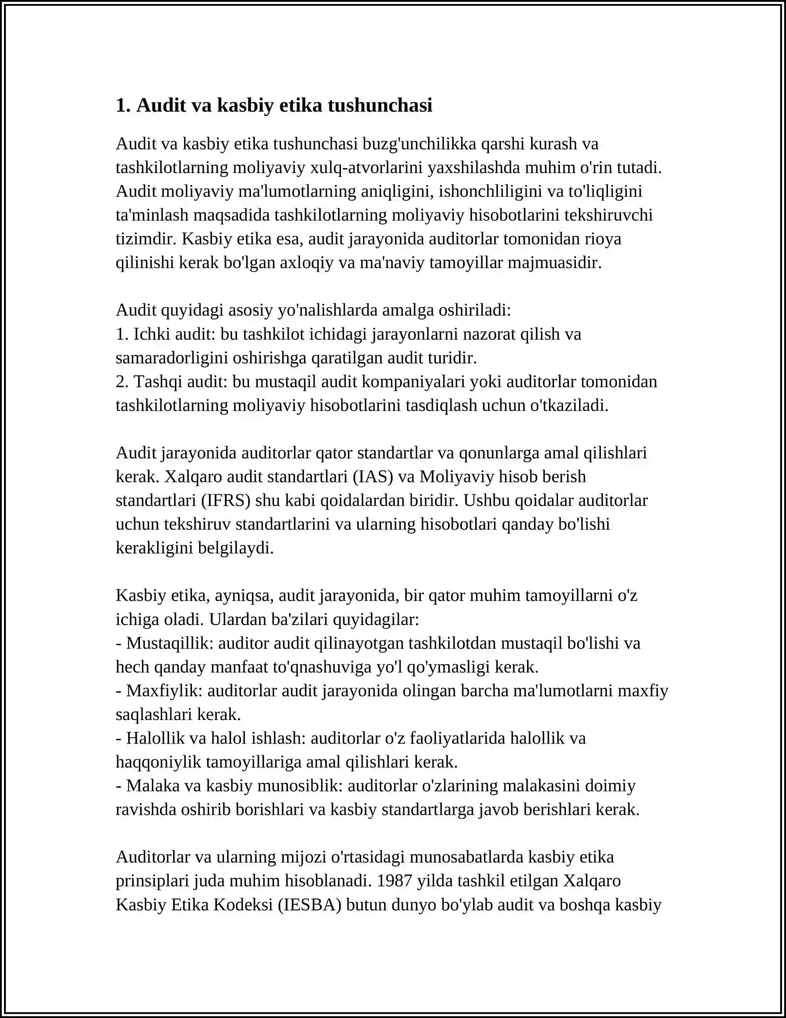 AUDITIRNING KASIBIY ETIKASI TOGRISIDA TUSINIK, MUHIM VA NORMATIV MALUMOTLAR 3