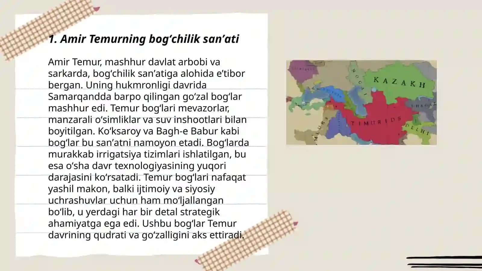 Amir Temur va Temuriylar barpo etgan bogʻlar, qoʻriqxonalar tarixi 3