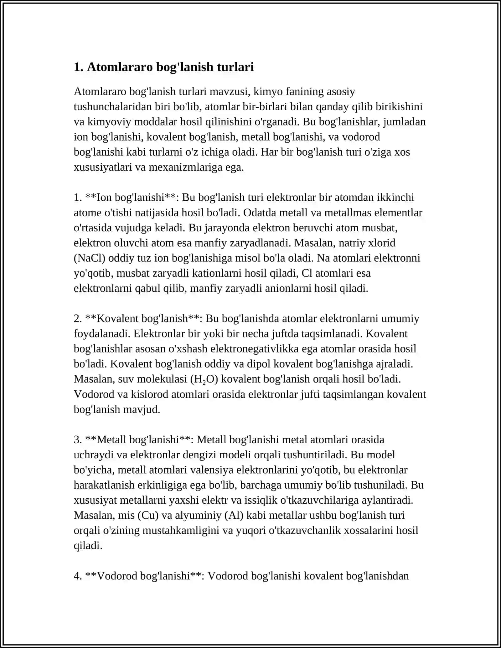 ATOMLARARO BOG'LANISH TURLARI, METALL, VAN-DER-VALG'S VA VODOROD BOG'LANISHLAR HAMDA ATOM ORBITALARINING GIBRIDLANISHI 3
