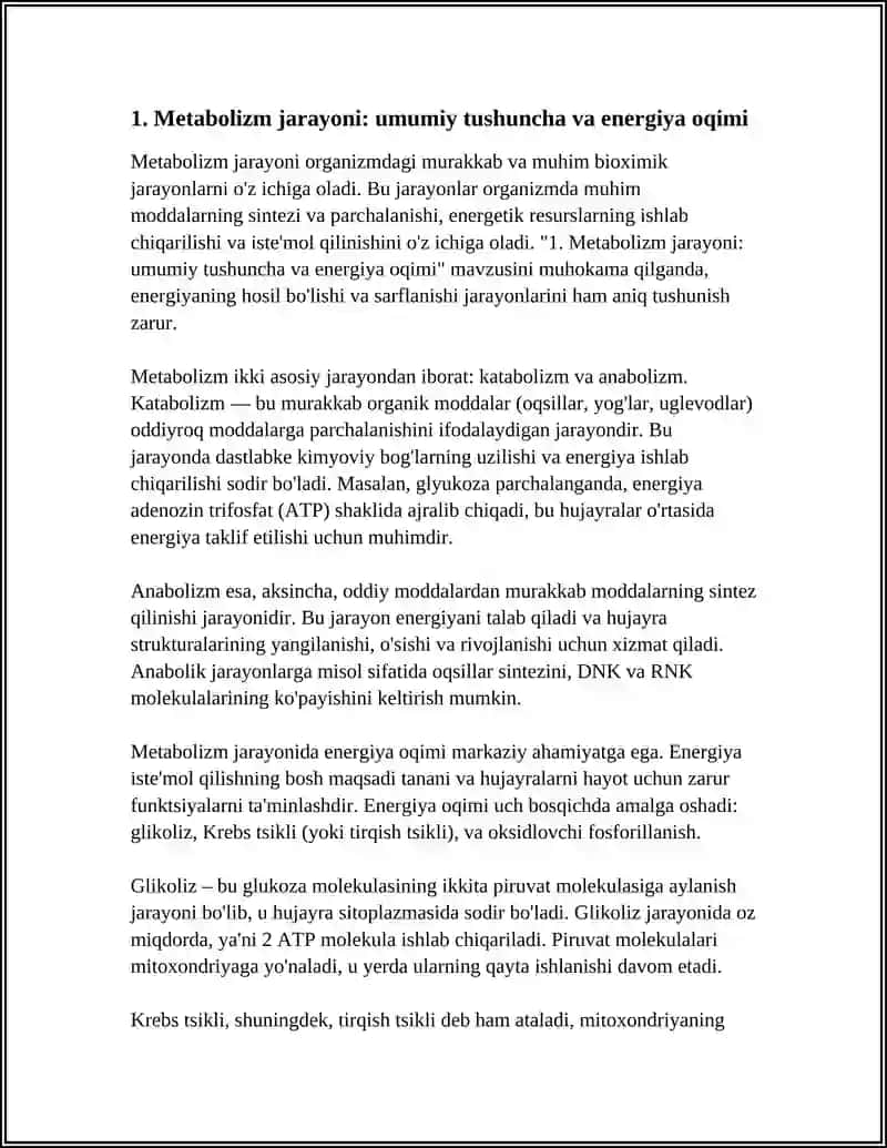 METOBOLIZ JARAYONI ENERGIYA HOSIL BO'LISH VA SARFLANISHI 3
