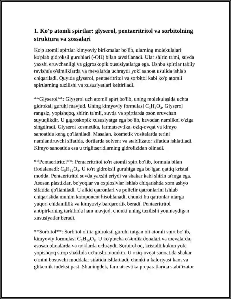 Ko'p atomli spirtlar: glyserol, pentaeritritol va sorbitolning struktura va xossalari 3
