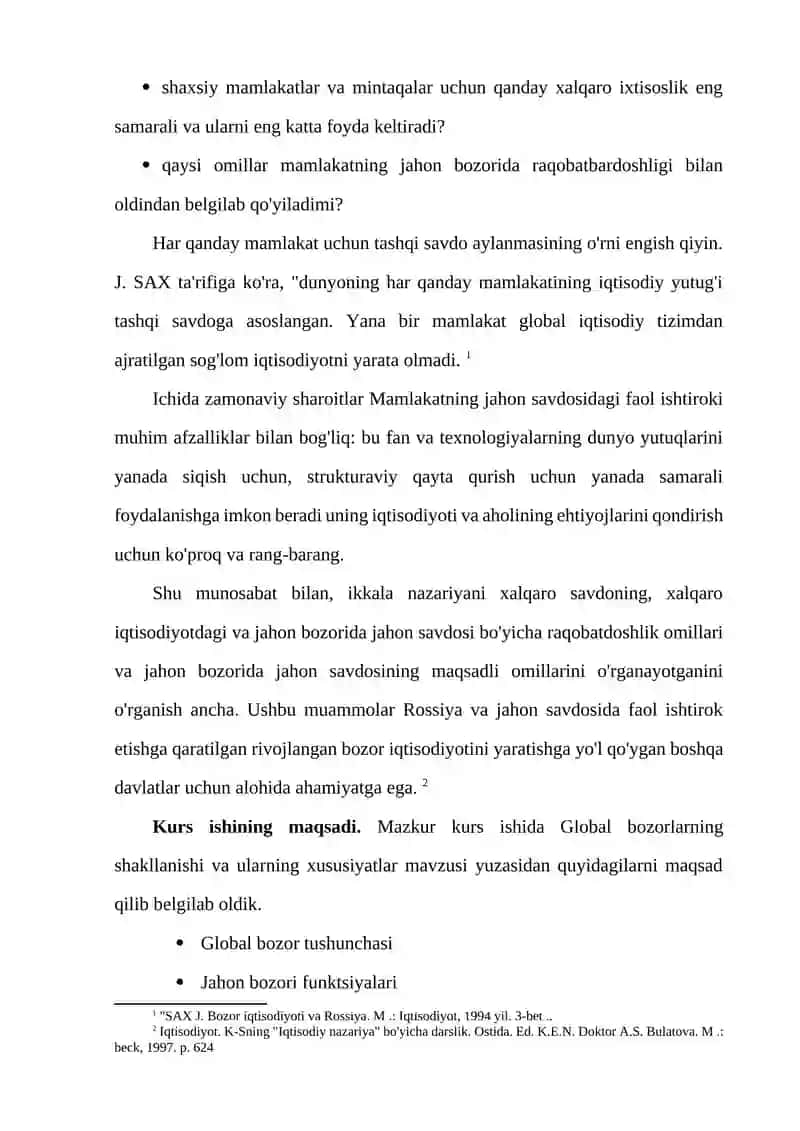 Global bozorlarning shakllanishi va ularning xususiyatlari. 3