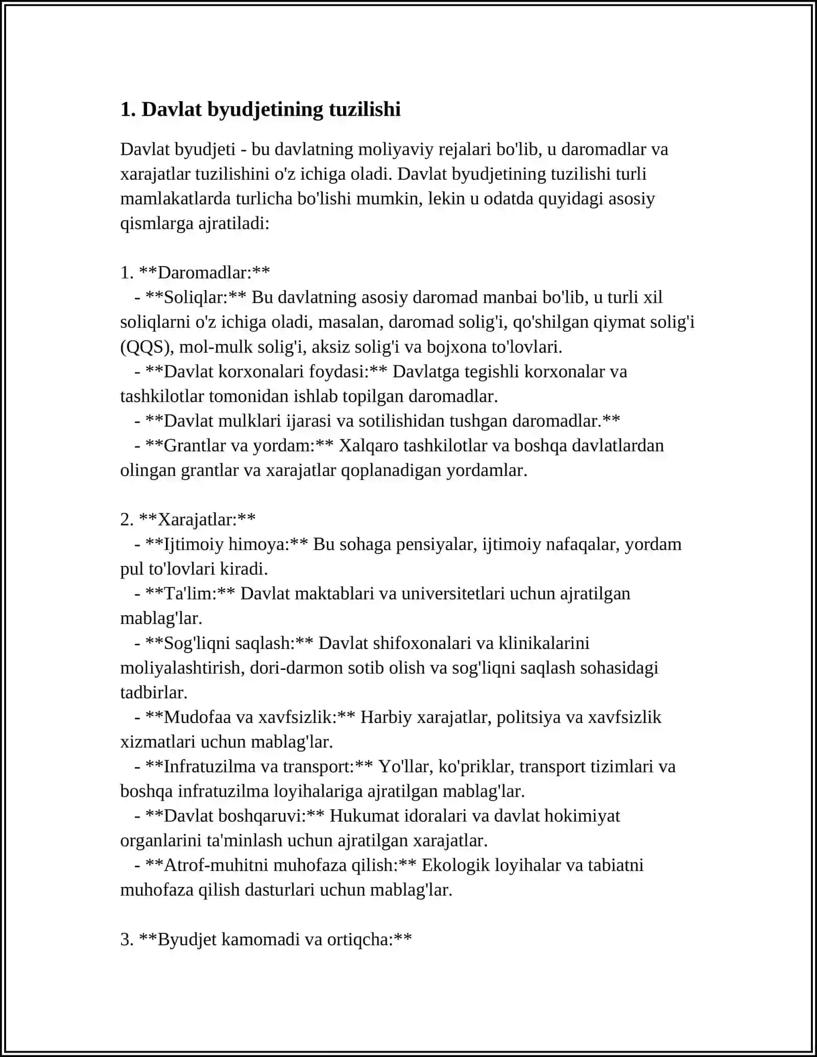 MUSTAQIL ISH: DAVLAT BYUDJETI HOLATI TAHLIL VA TUSHUNCHALARI 3