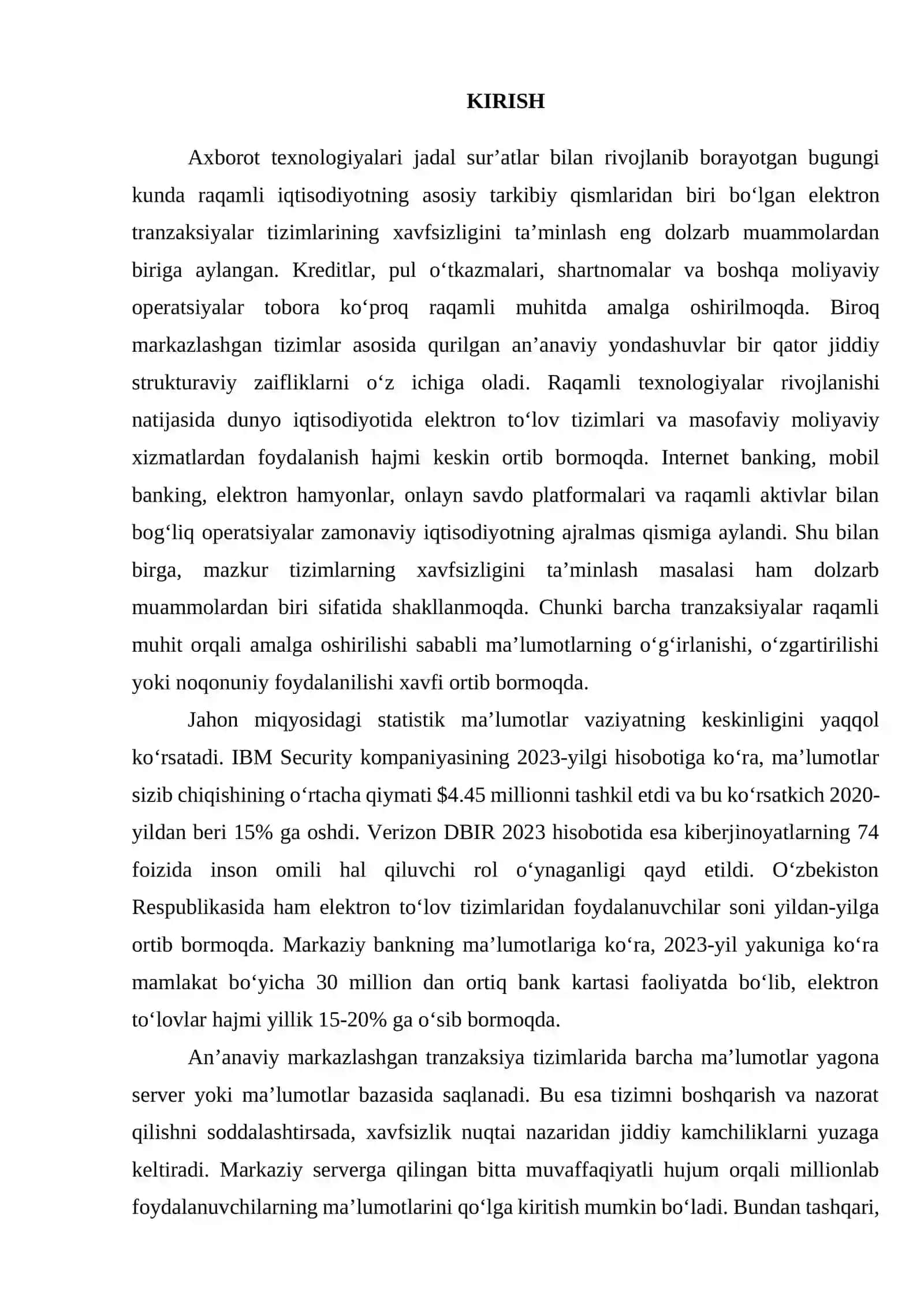 BLOKCHAIN ASOSIDA TRANZAKSIYALARNI XAVFSIZLIGINI
TA’MINLOVCHI DASTURIY VOSITANI ISHLAB CHIQISH 3