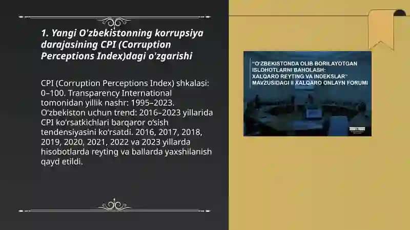 Yangi O'zbekistonning korrupsiya darajasining CPI (Corruption Perceptions Index)dagi o'zgarishi 3