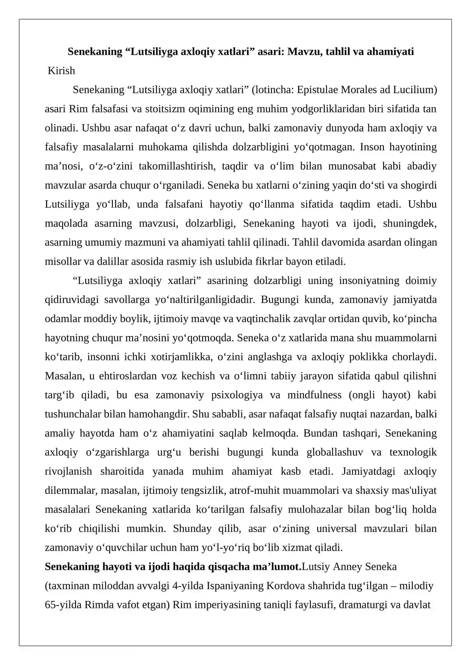 Senekaning “Lutsiliyga axloqiy xatlari” asari REFERAT 3