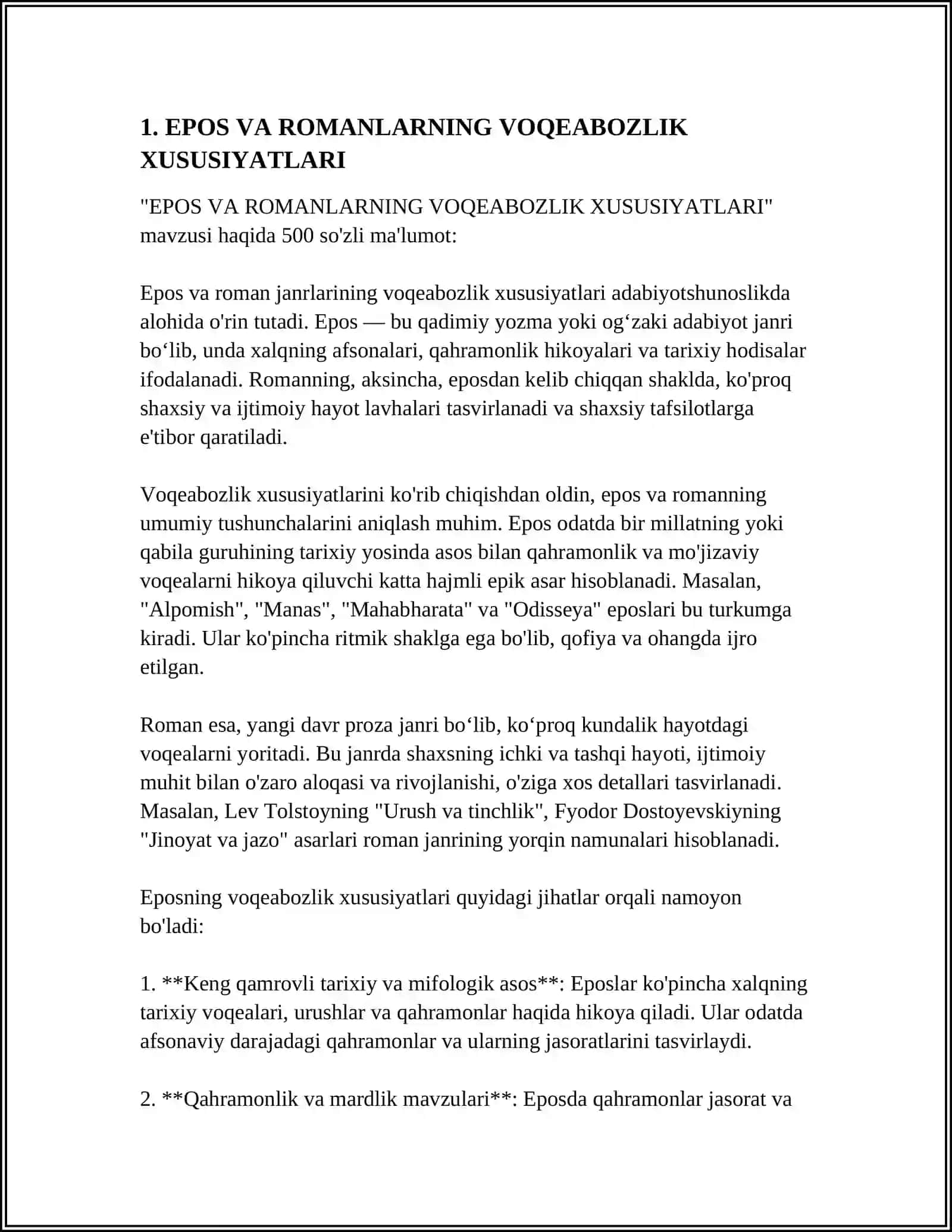 EPOS VA ROMAN. VOQELIK VA XAYOLOT UYG‘UNLIGI. JABBOR ESHONQULNING “EPIK TAFAKKUR TADRIJI” ASARI TAHLILI 3