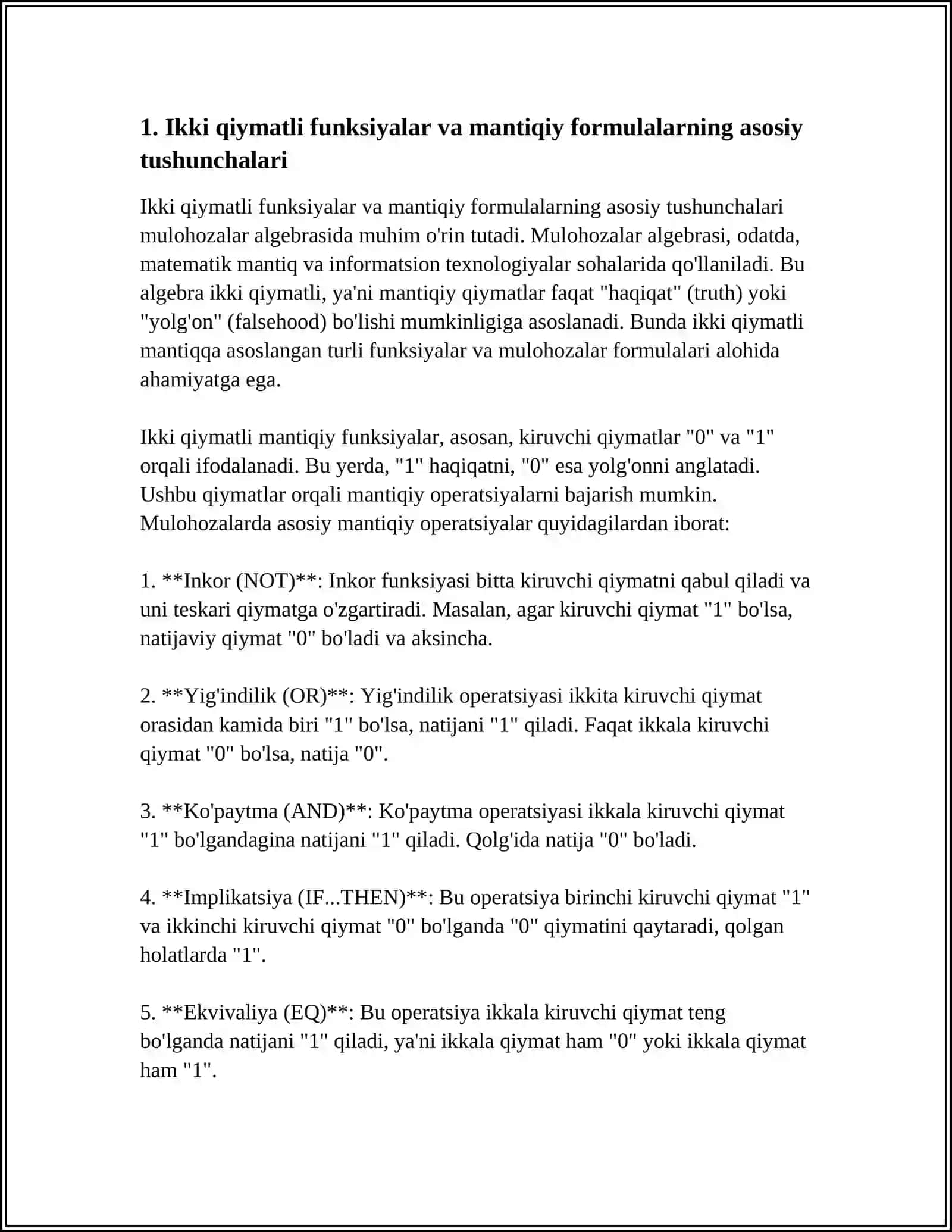 IKKI QIYMATLI FUNKSIYA ORQALI MULOHAZALAR ALGEBRASINING FORMULASINI IFODALASH (DISKRET TUZULMALAR) 3