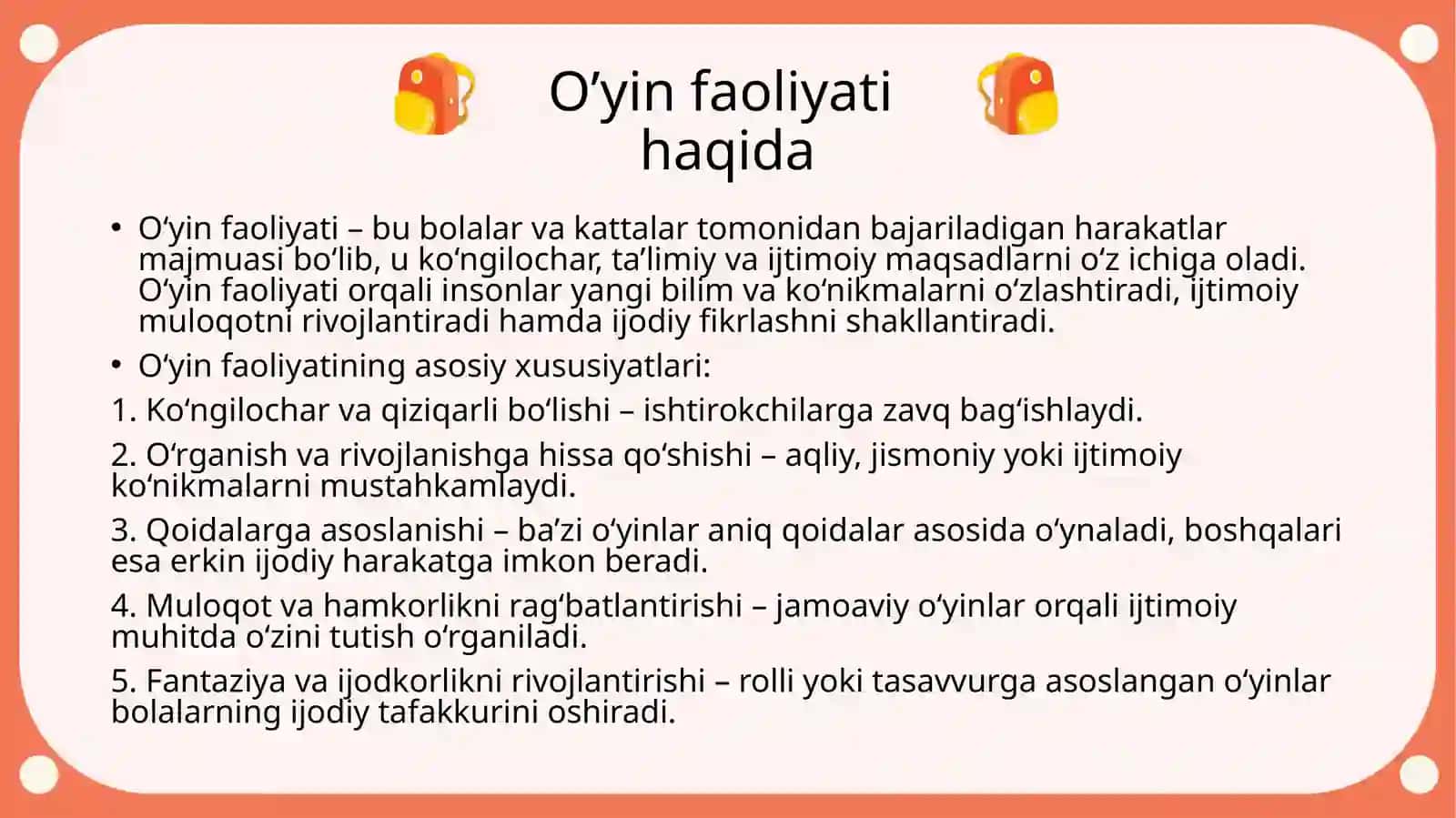 O'YIN FAOLIYATINI TASHKIL ETISH USUL VA VOSITALARI mavzusida slayd 3