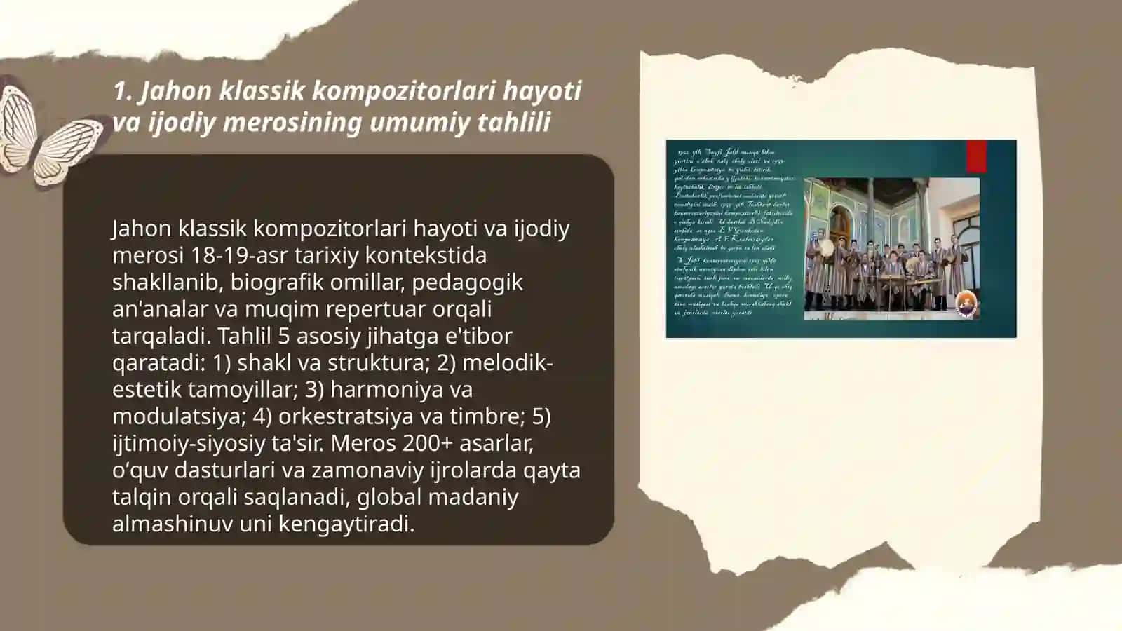 Jahon klassik musiqasi va õzbek musiqasi kompozitorlari hayoti va ijodini yoritib berish 3